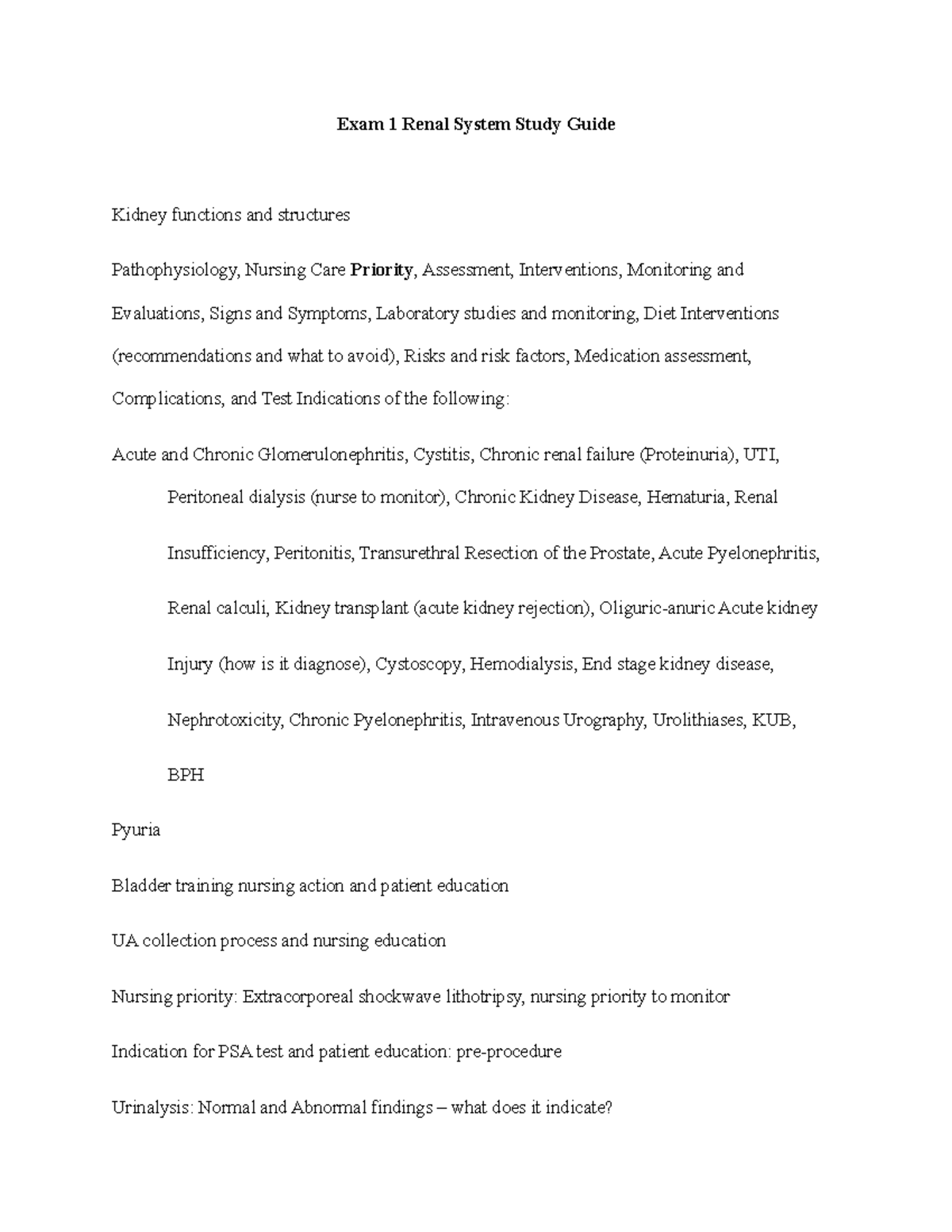 Exam 1 Renal Urinary System Study Guide - Exam 1 Renal System Study ...