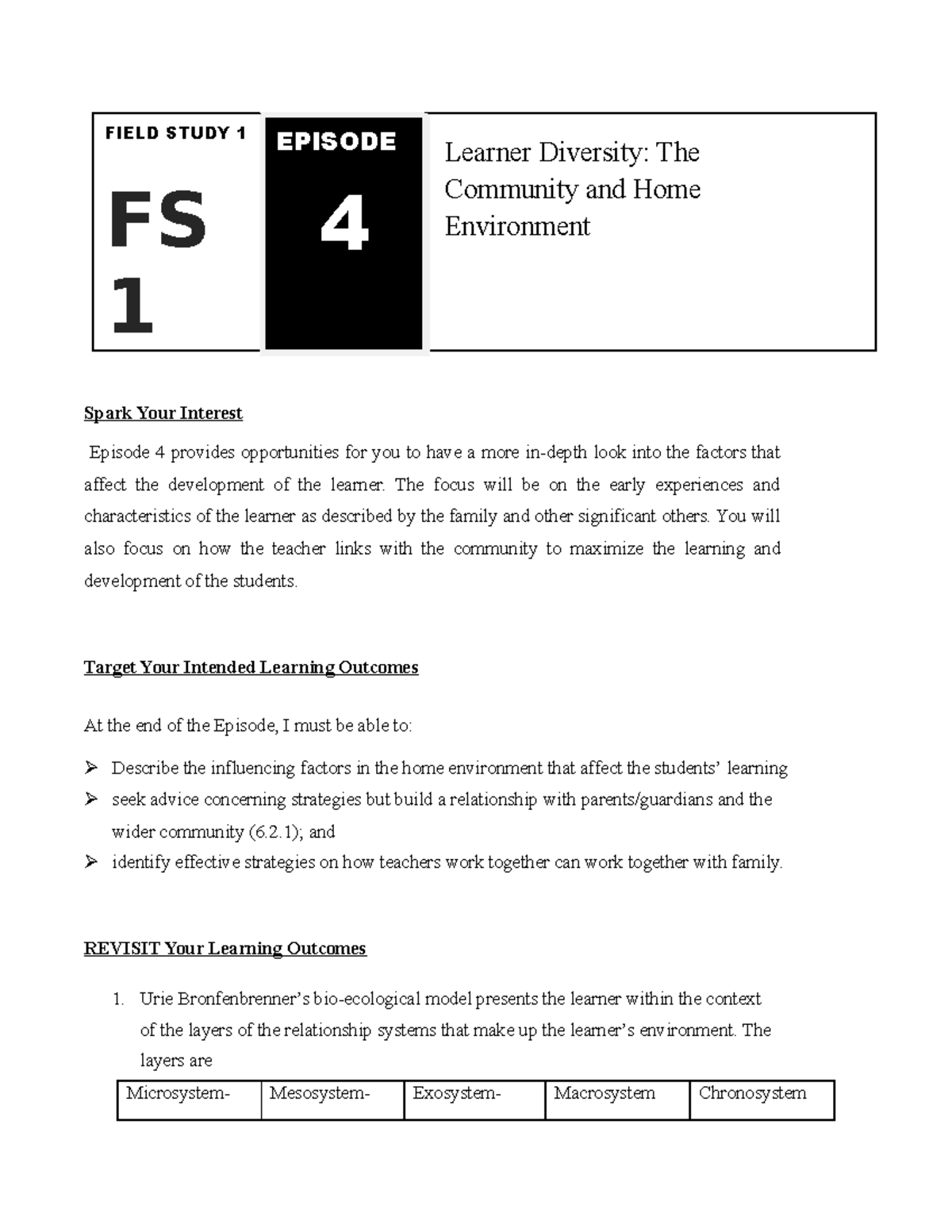 Field Study 1 Module 4 sdfs FIELD STUDY 1 FS 1 EPISODE 4 Learner