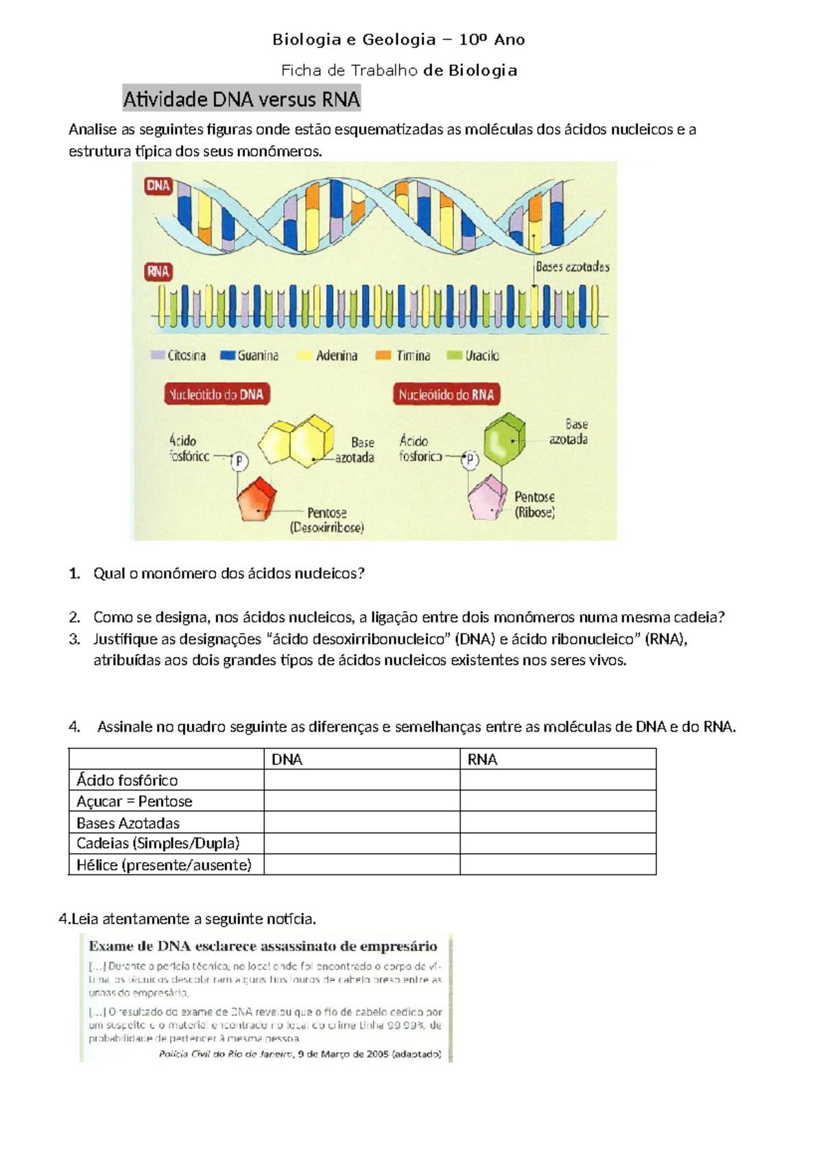 Atividade DNA versus RNA - Biologia e Geologia – 10º Ano Ficha de ...