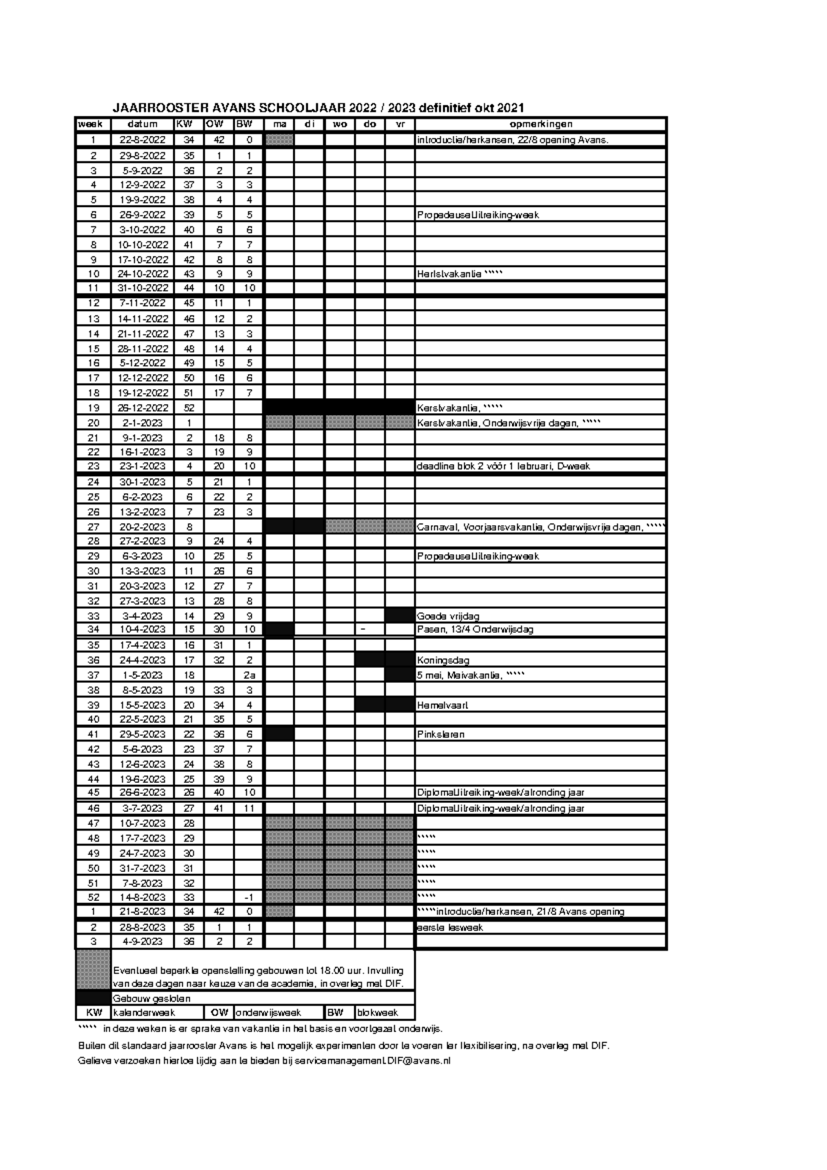 Jaarrooster20222023avansdefinitief JAARROOSTER AVANS SCHOOLJAAR