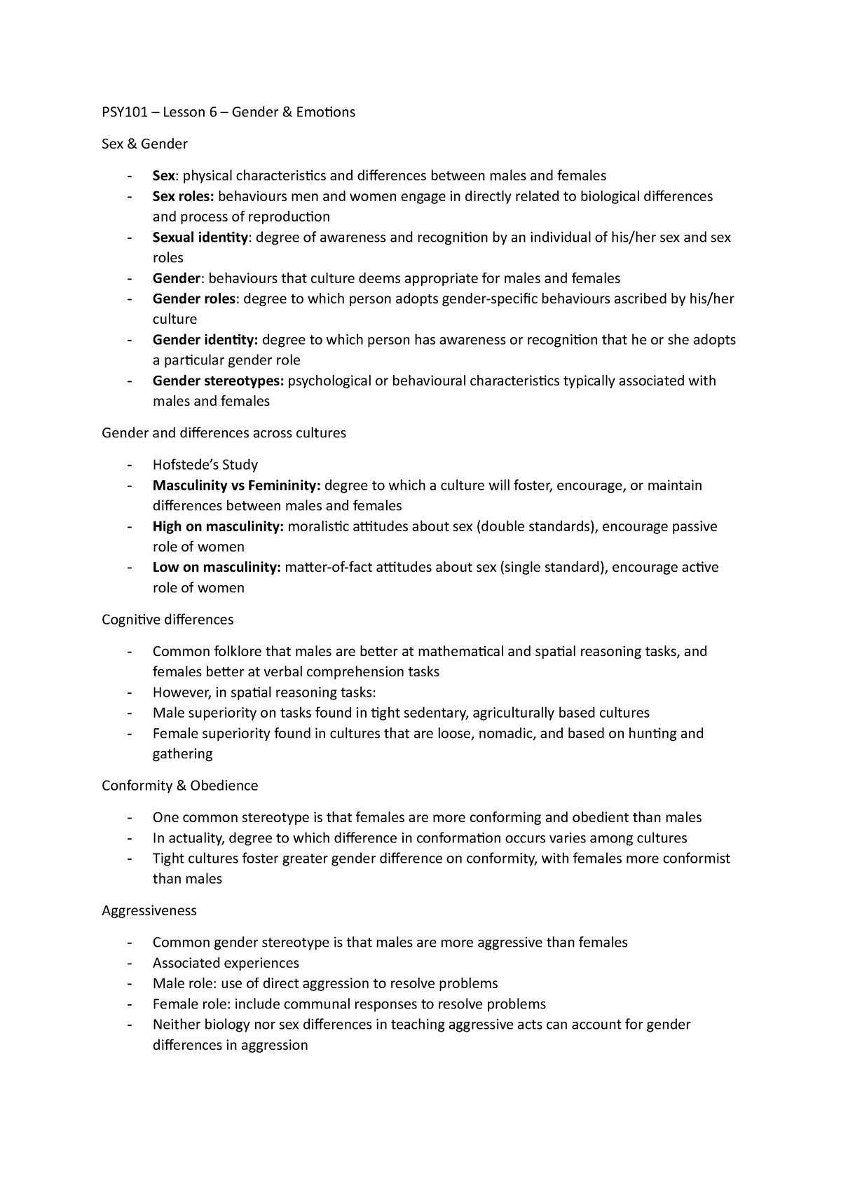 Lesson 6 - Gender and Emotion - PSY101 – Lesson 6 – Gender & Emotions ...