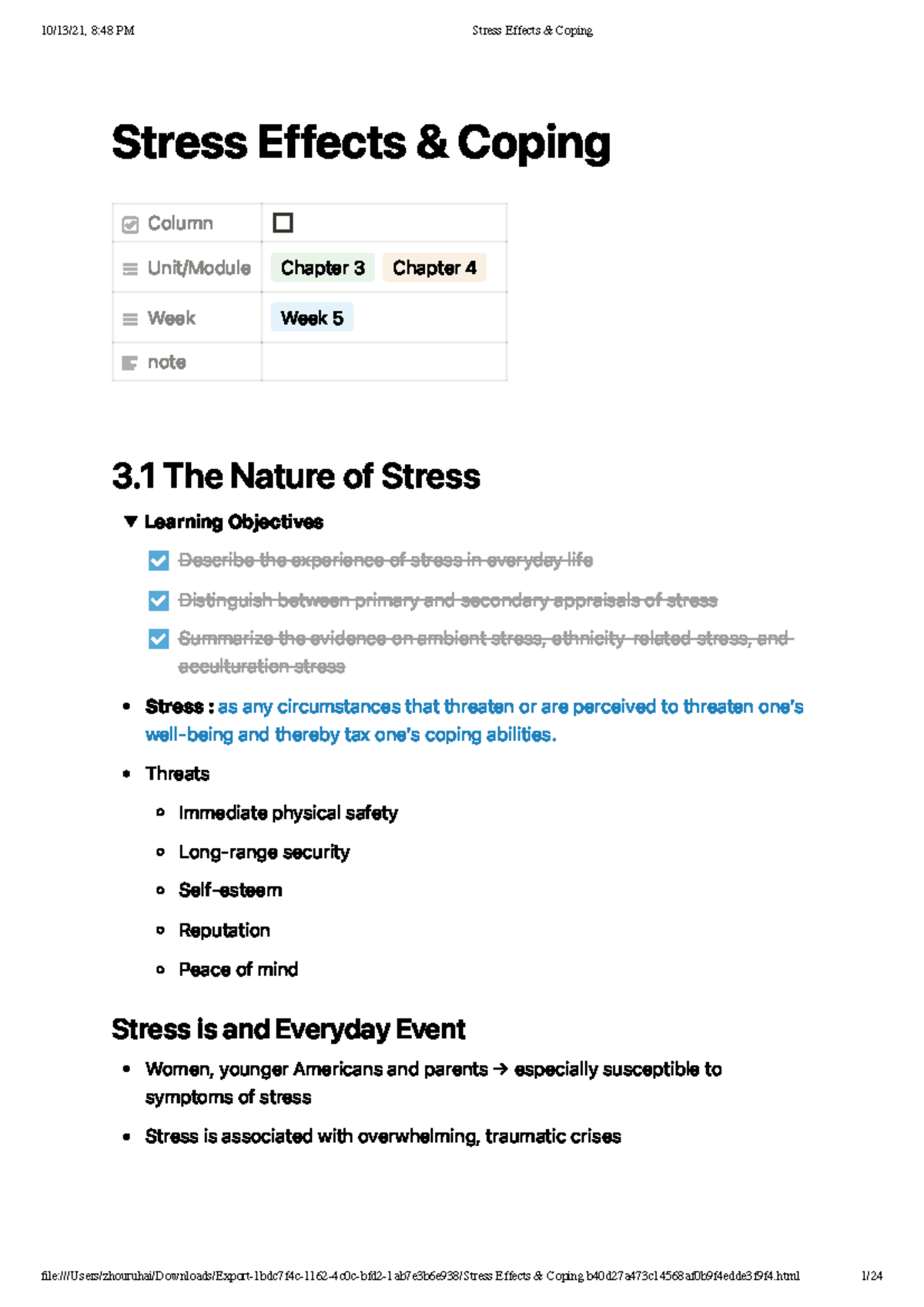 Chapter 3 Stress coping - Stress Effects & Coping Column Unit/Module ...