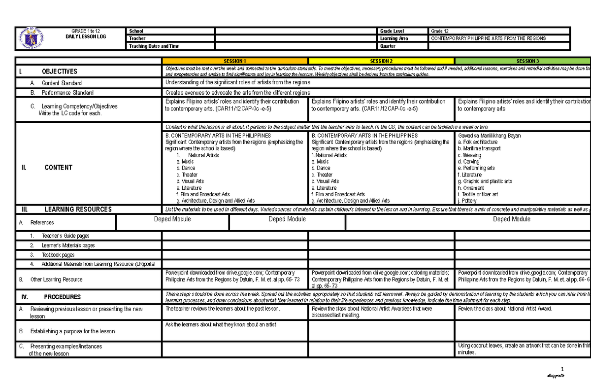 Week 5 - Note 1 - GRADE 1 to 12 DAILY LESSON LOG School Grade Level ...