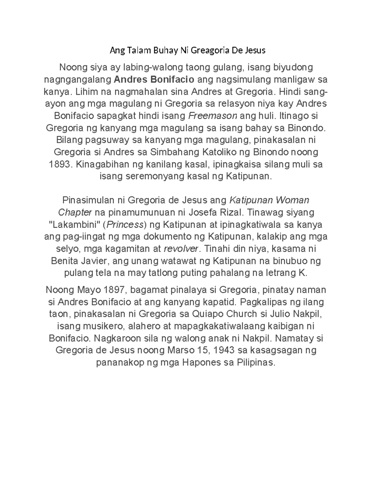Ang Talam Buhay Ni Greagoria De Jesus - Lihim na nagmahalan sina Andres ...