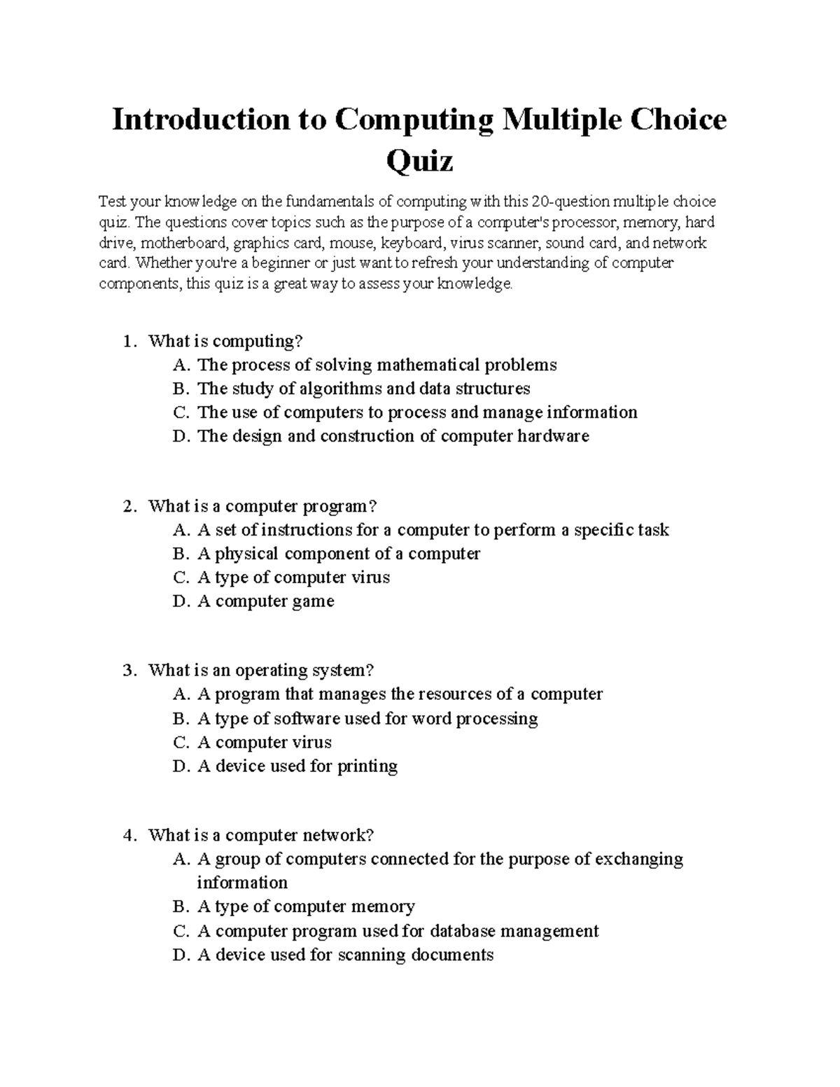 Introduction to Computing Multiple Choice Quiz - Introduction to ...