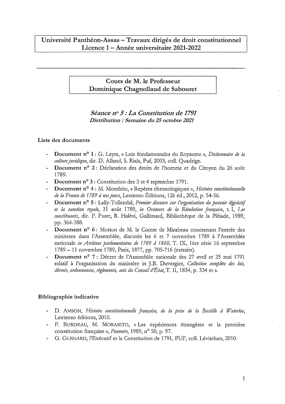 Fiche Detd De La Semaine 5 La Constitution De 1791 Droit Constitutionnel Université Paris