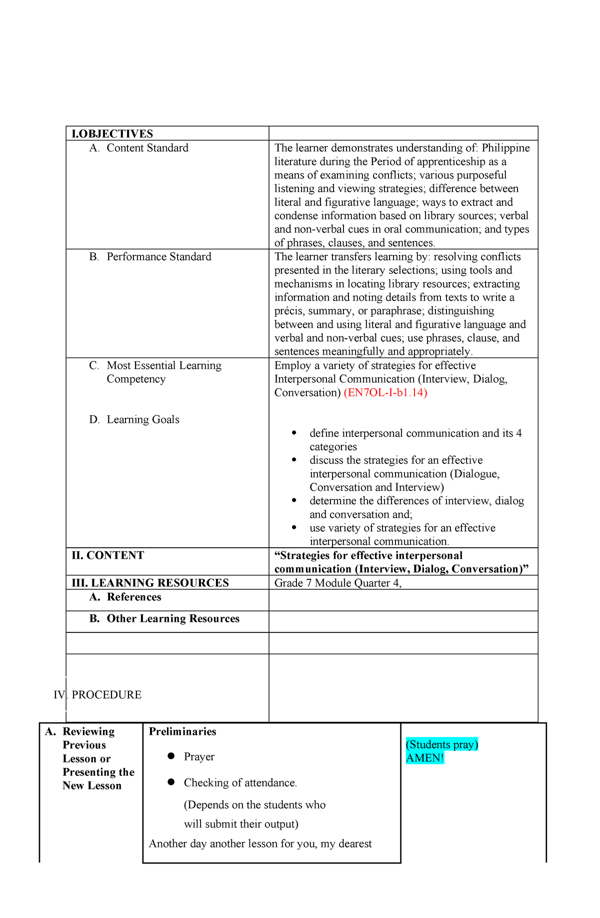 Lesson Planning - I A. Content Standard The learner demonstrates ...