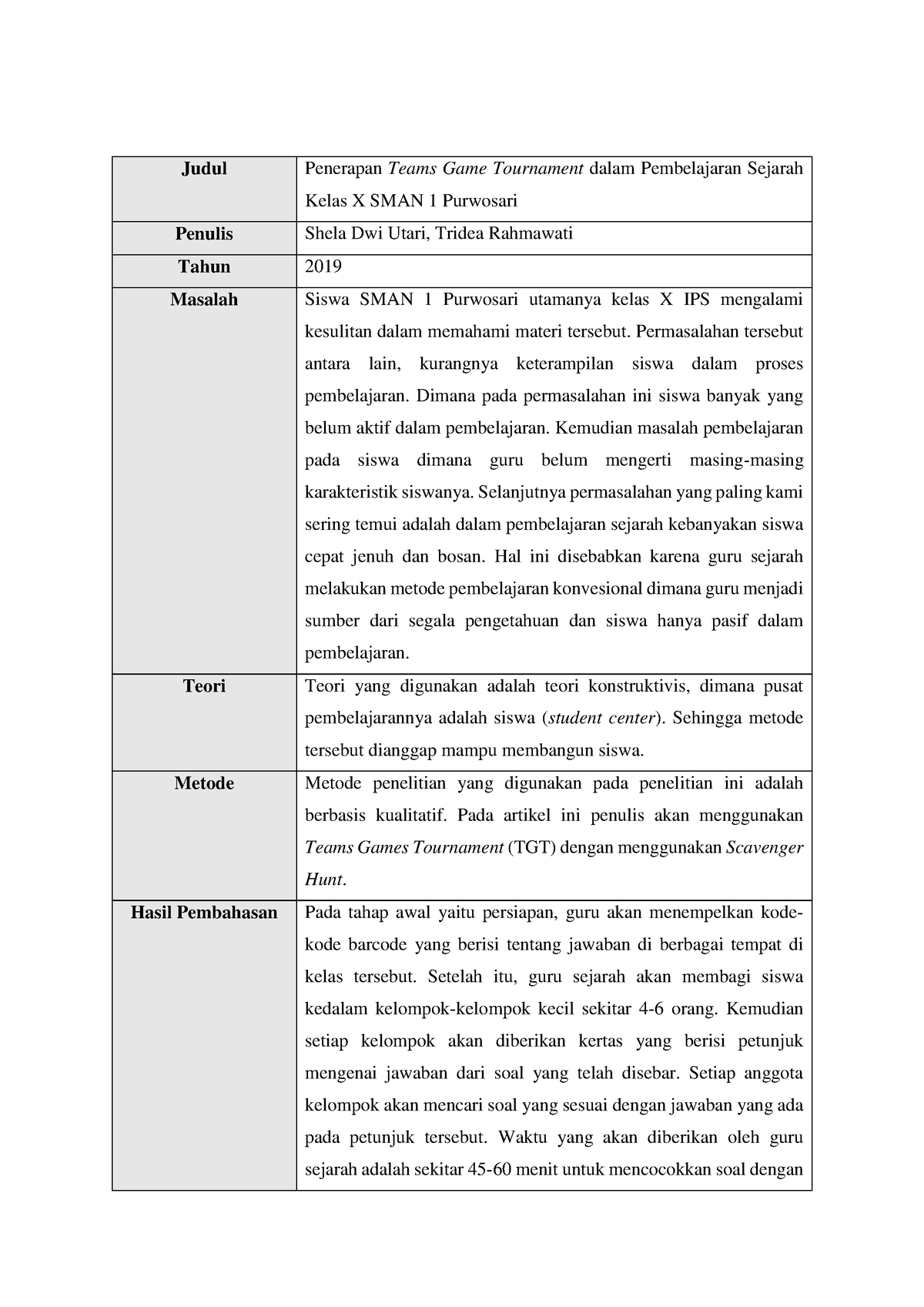 Penerapan Teams Game Tournament Dalam Pembelajaran Sejarah Kelas X SMAN ...