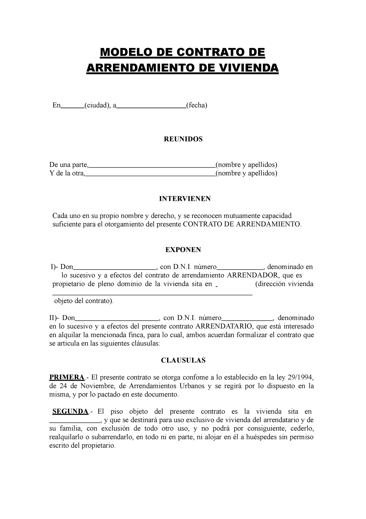 Contrato De Arrendamiento Modelo De Contrato De Arrendamiento De Vivienda En Ciudad A 2590