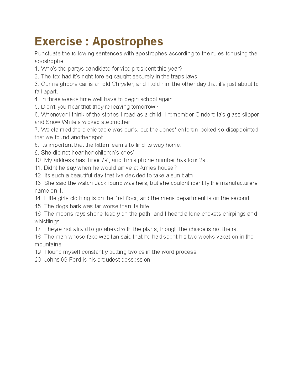 Apostrophe Exercise - idk - Exercise : Apostrophes Punctuate the ...