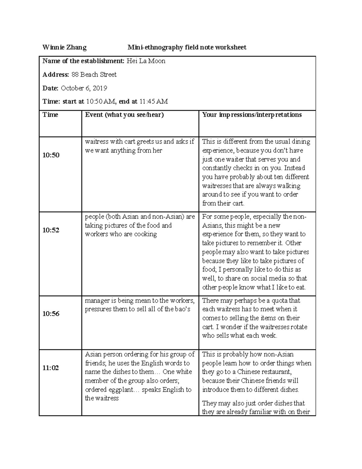 Miniethnography field note worksheet Instead you have probably about