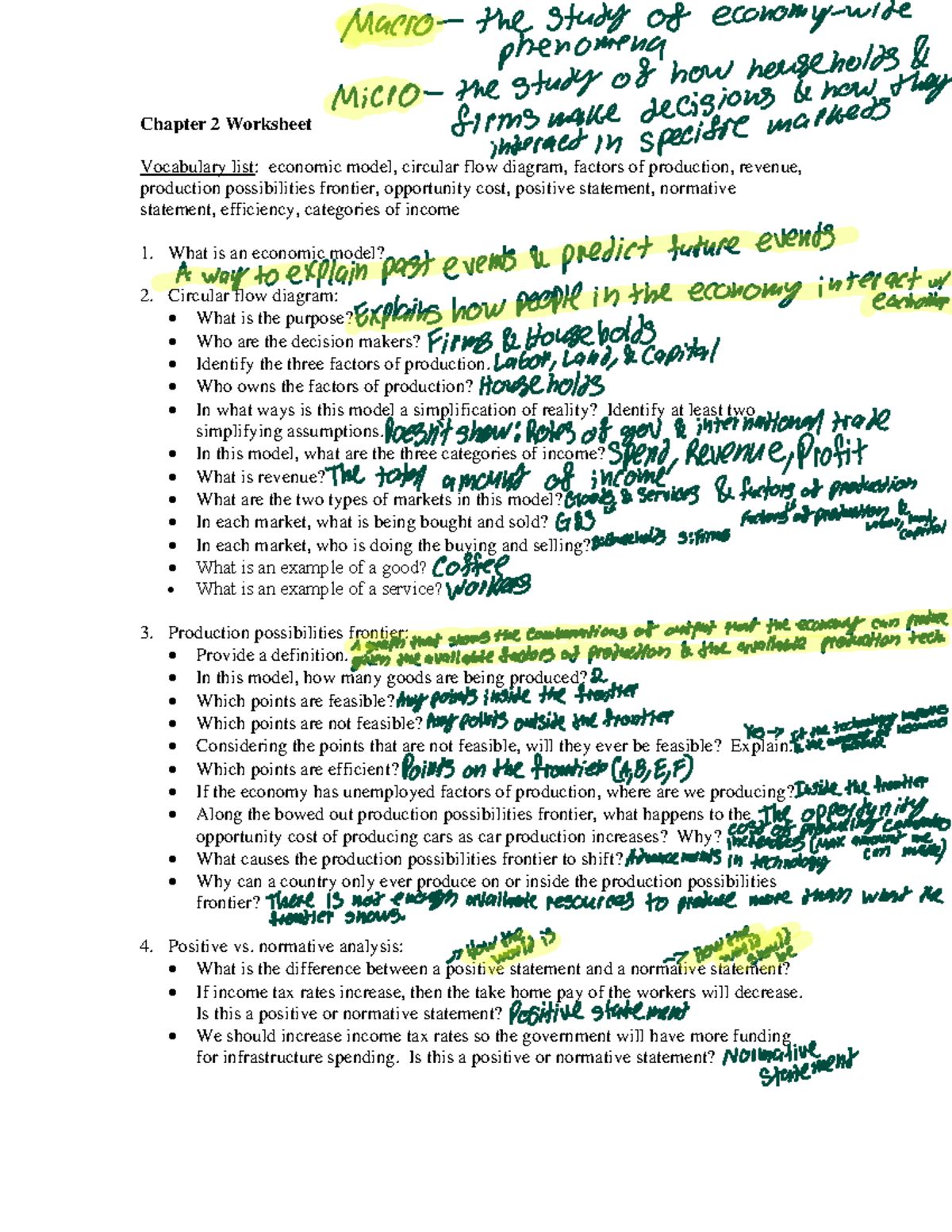 CH2 Notes What is economics Chapter 2 Worksheet Vocabulary list