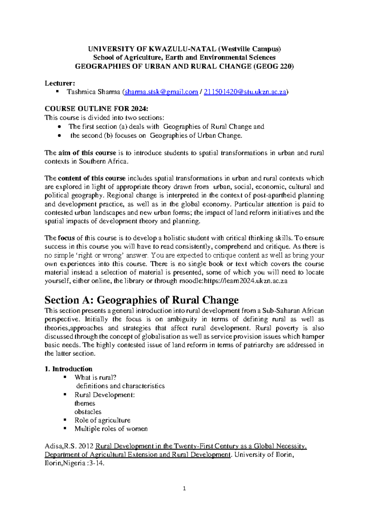 Geog220 Geographies of Rural and Urban Course outline 2024 - UNIVERSITY ...