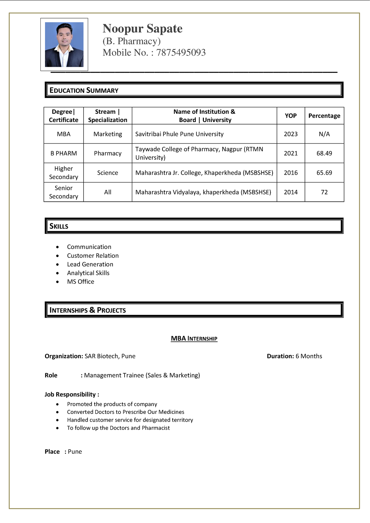 Noopur Sapate cv - I am b pharma 2 ue student - - Studocu