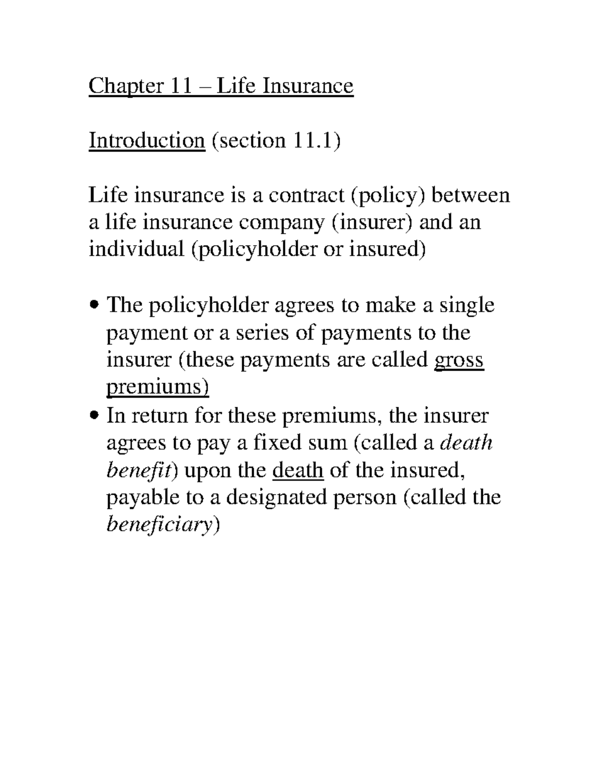 Sections 11 - ...... - Chapter 11 – Life Insurance Introduction ...