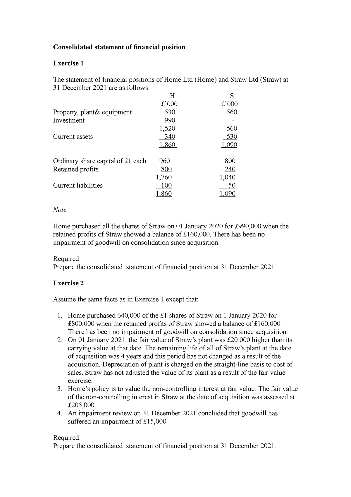 Lecture 4 Exercises Sofp 1 - Consolidated Statement Of Financial ...