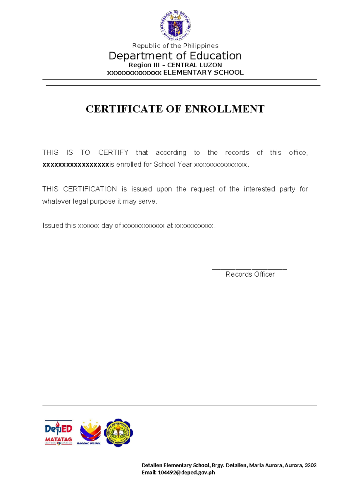 Certificate of enrollment Sample - Detailen Elementary School, Brgy ...