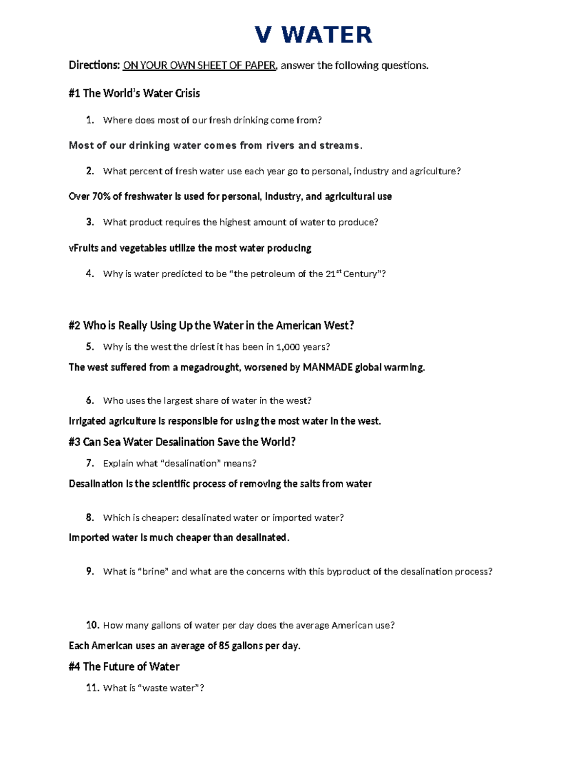 17 Water V WATER Directions ON YOUR OWN SHEET OF PAPER, answer the