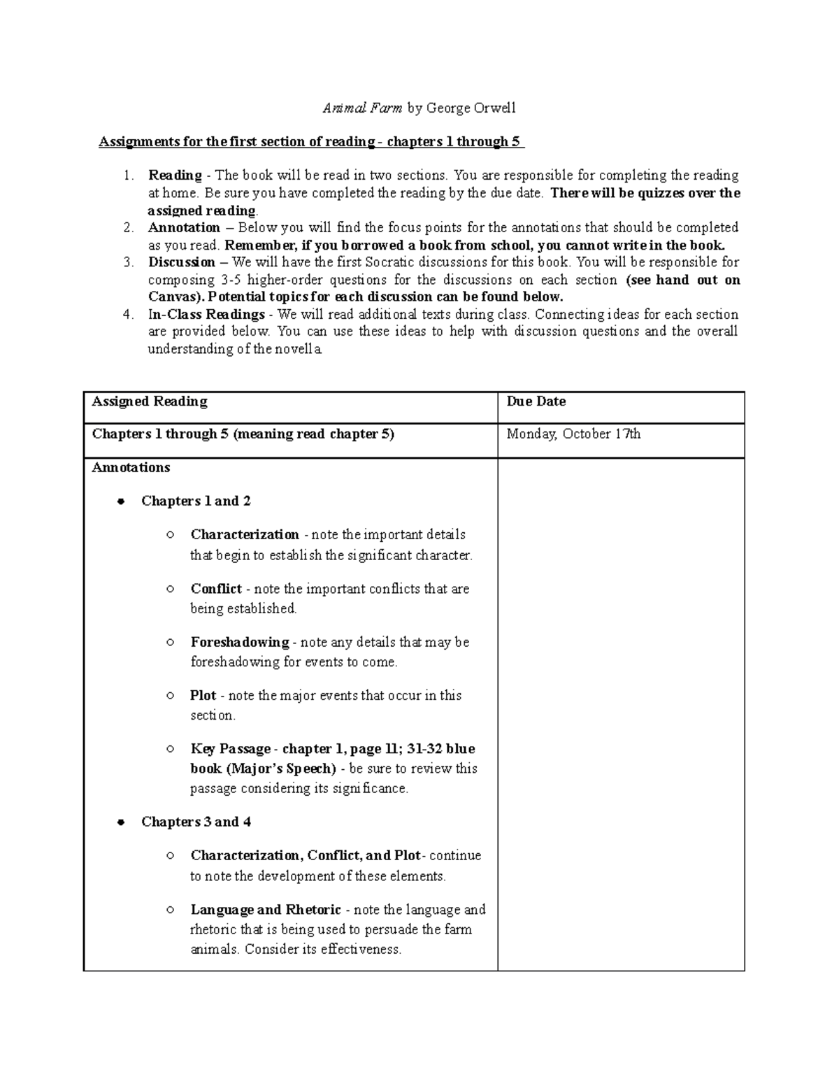 copy-of-animal-farm-reading-schedule-first-half-animal-farm-by-george