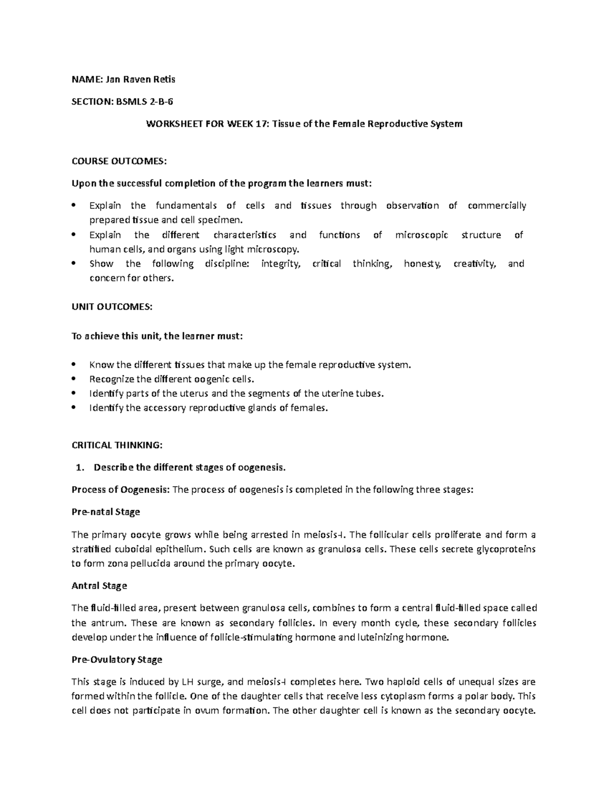 Week 17- Tissues of the Female Reproductive Organ Worksheet - NAME: Jan ...