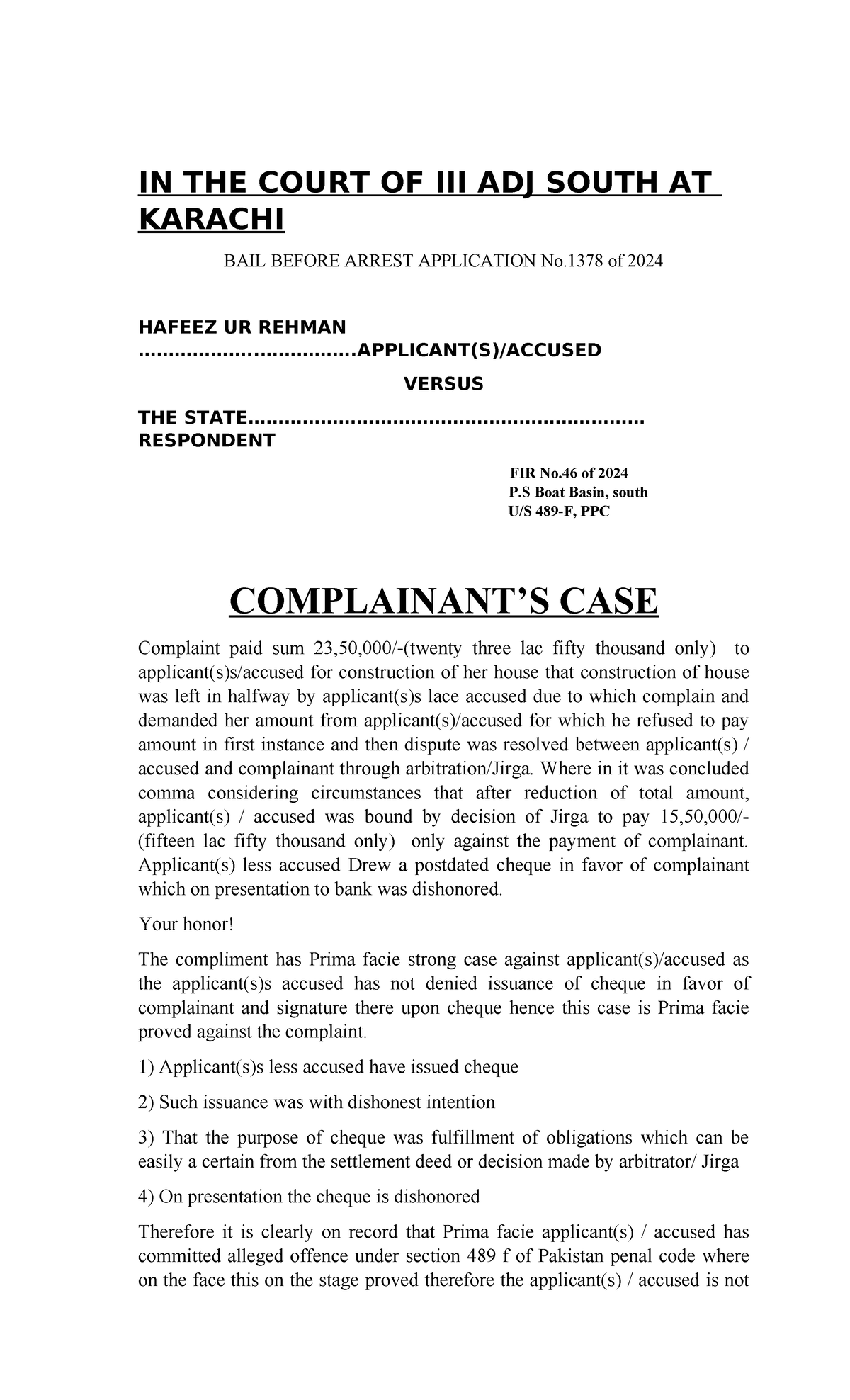 Bial oppose argument - HSHJS - IN THE COURT OF III ADJ SOUTH AT KARACHI ...