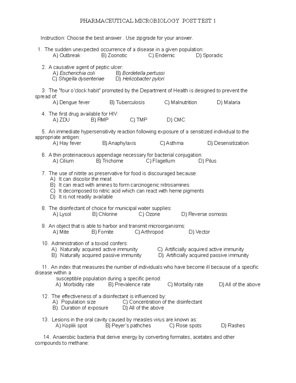 Pharmaceutical Microbiology LAB POST TEST 1 2021-2022 - Instruction ...