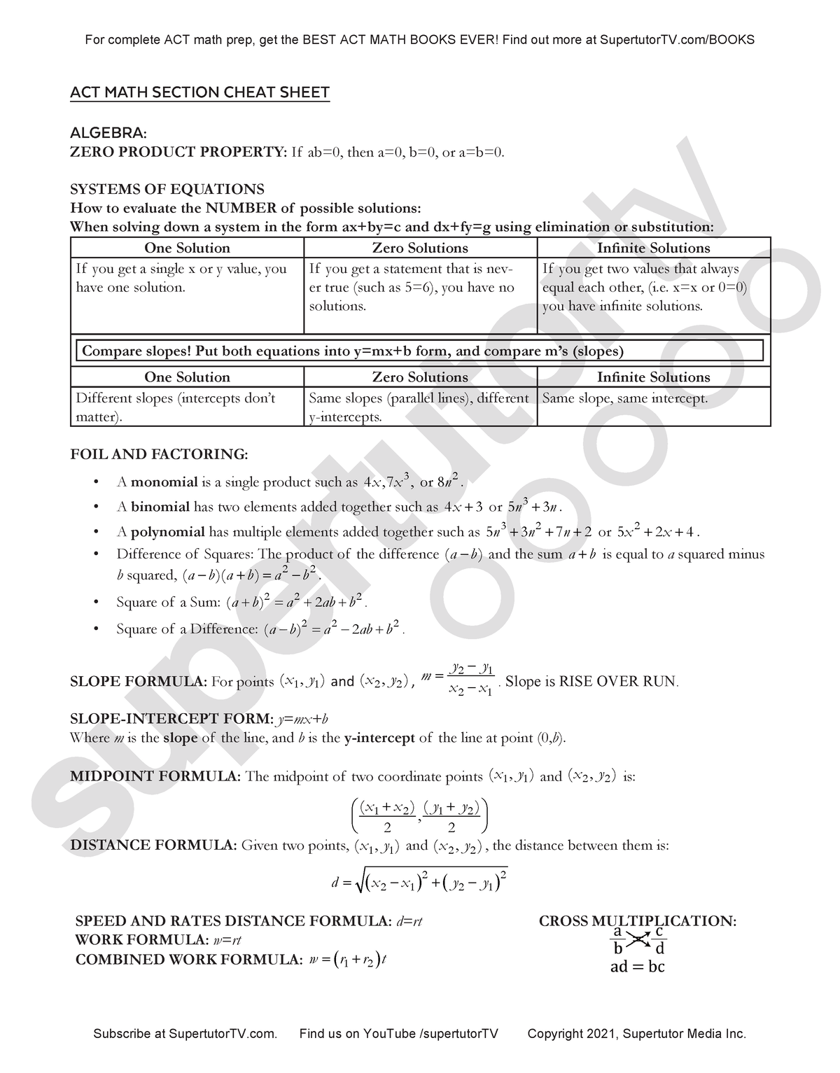 ACT Math Formula Cheat Sheet 2021 ACT MATH SECTION CHEAT SHEET