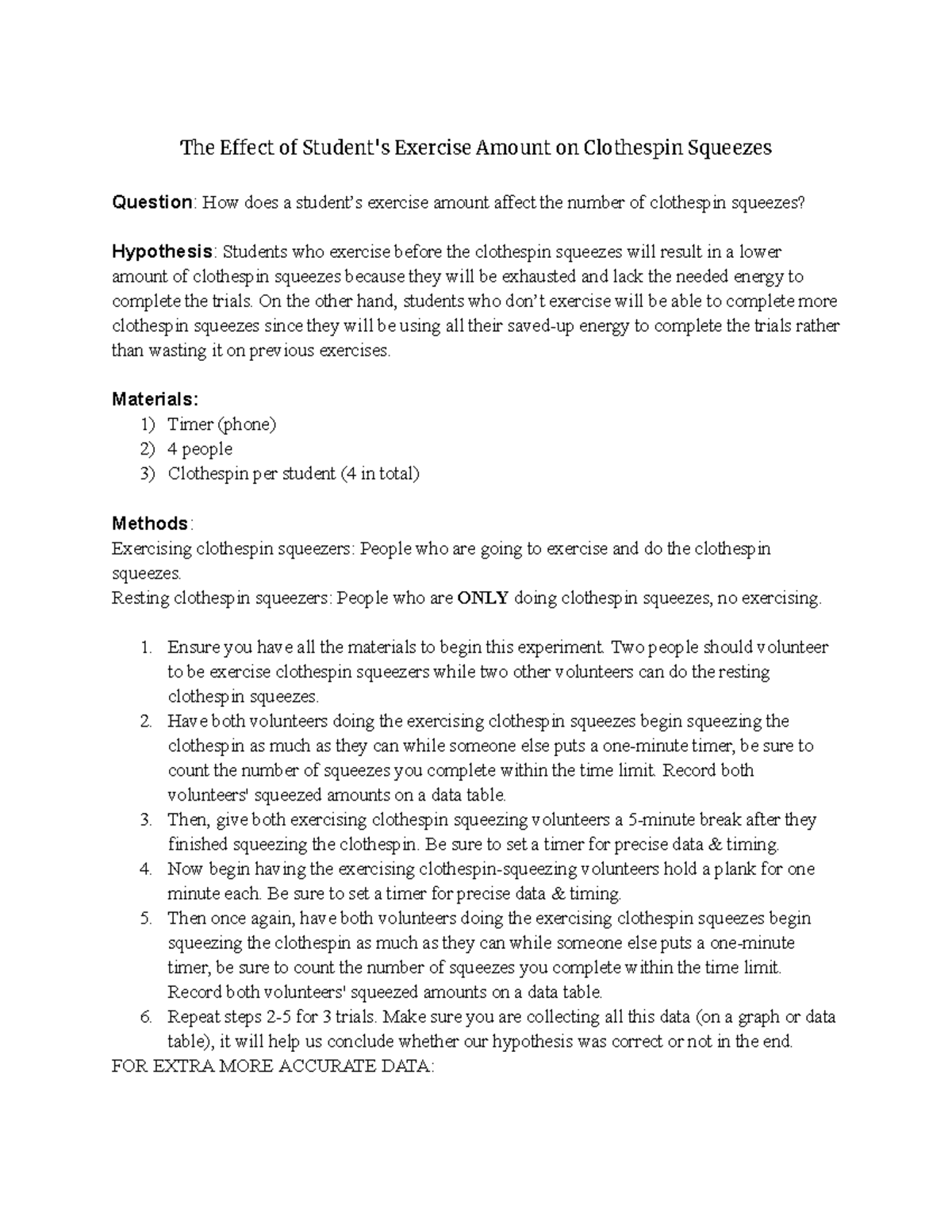 Biology Formal Lab Report Example - The Eect of Student's Exercise ...