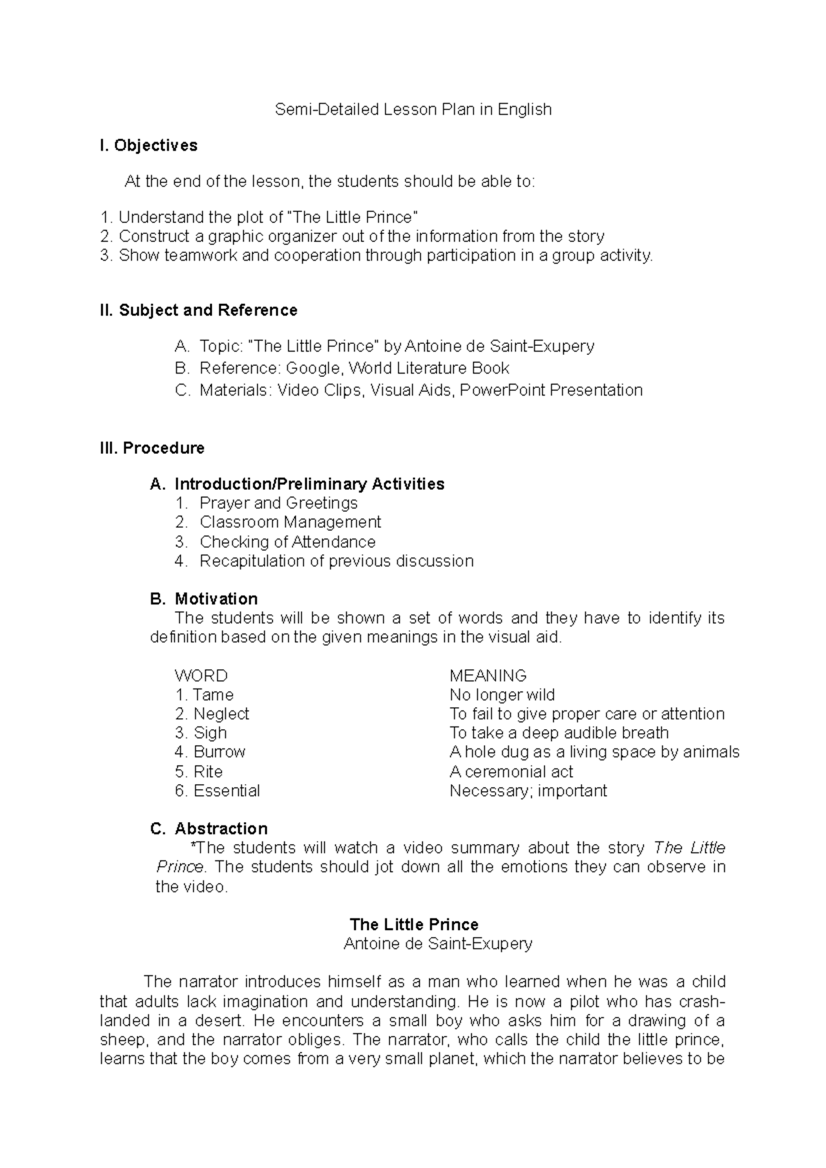 The Little Prince Lesson Plan SemiDetailed Lesson Plan in English I