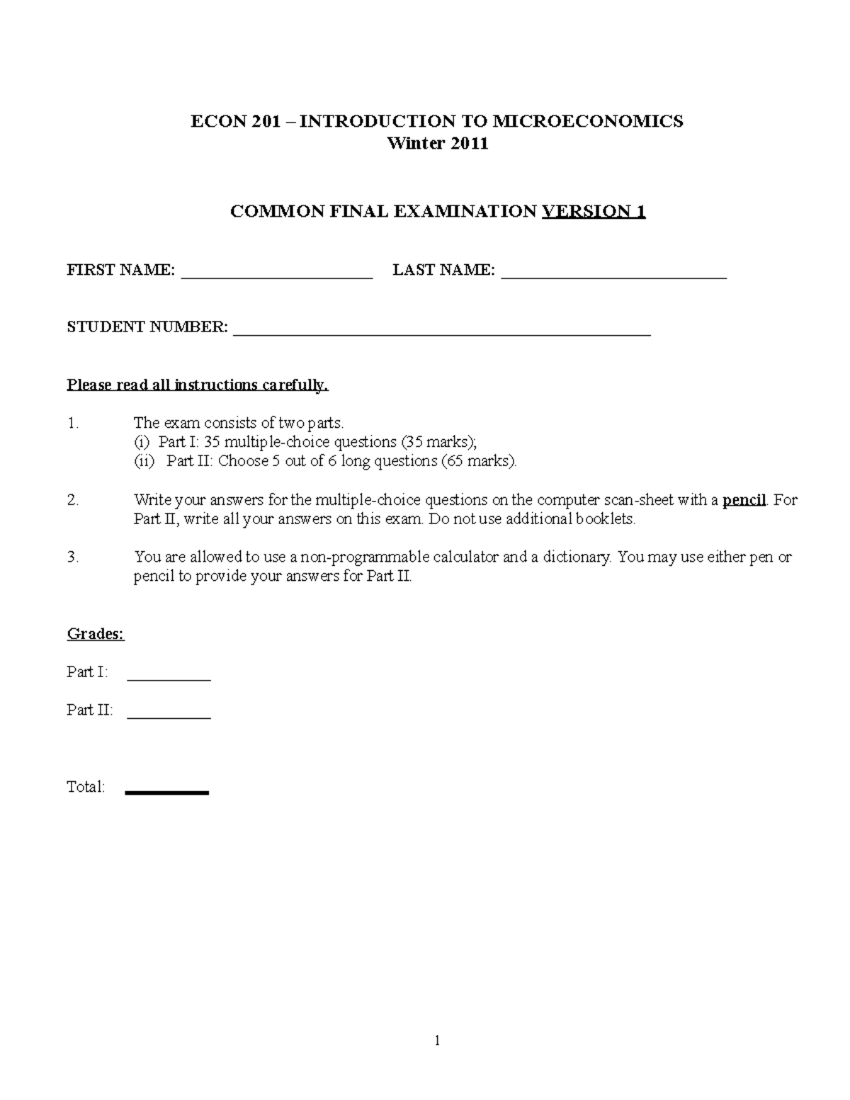 Final exam Winter 2011, questions and answers - ECON 201 – INTRODUCTION ...