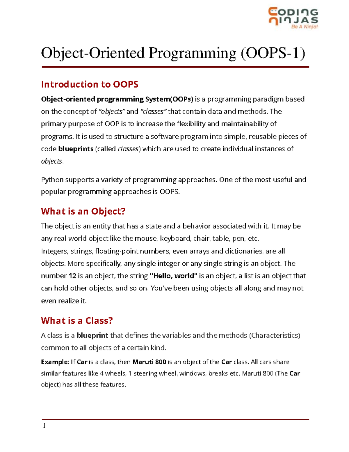 OOPS 1 oops Object Oriented Programming OOPS 1 Introduction to 