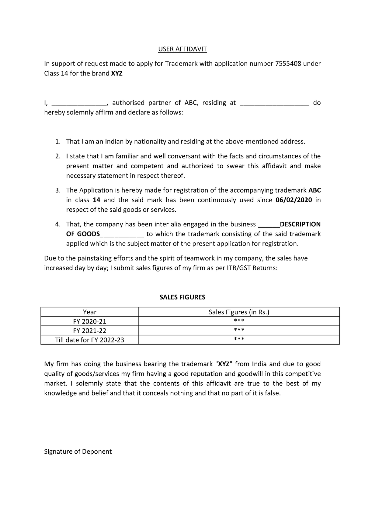 affidavit for assignment of trademark