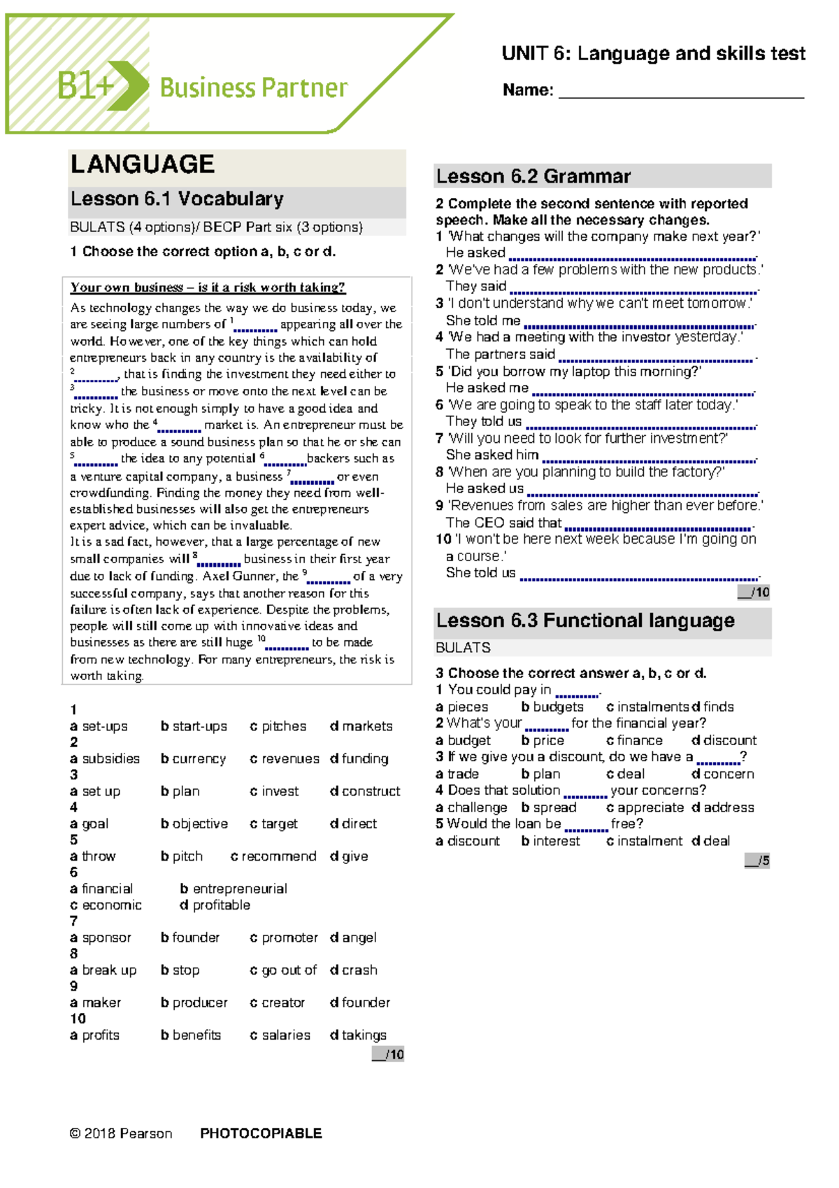 BP B1plus Tests Unit6 07 - Name: __________________________ LANGUAGE ...