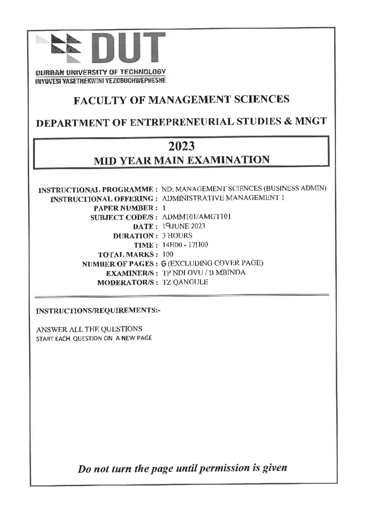 2023 MID YEAR MAIN QP Administrative Management 1 ADMM101 AMGT101 DUT