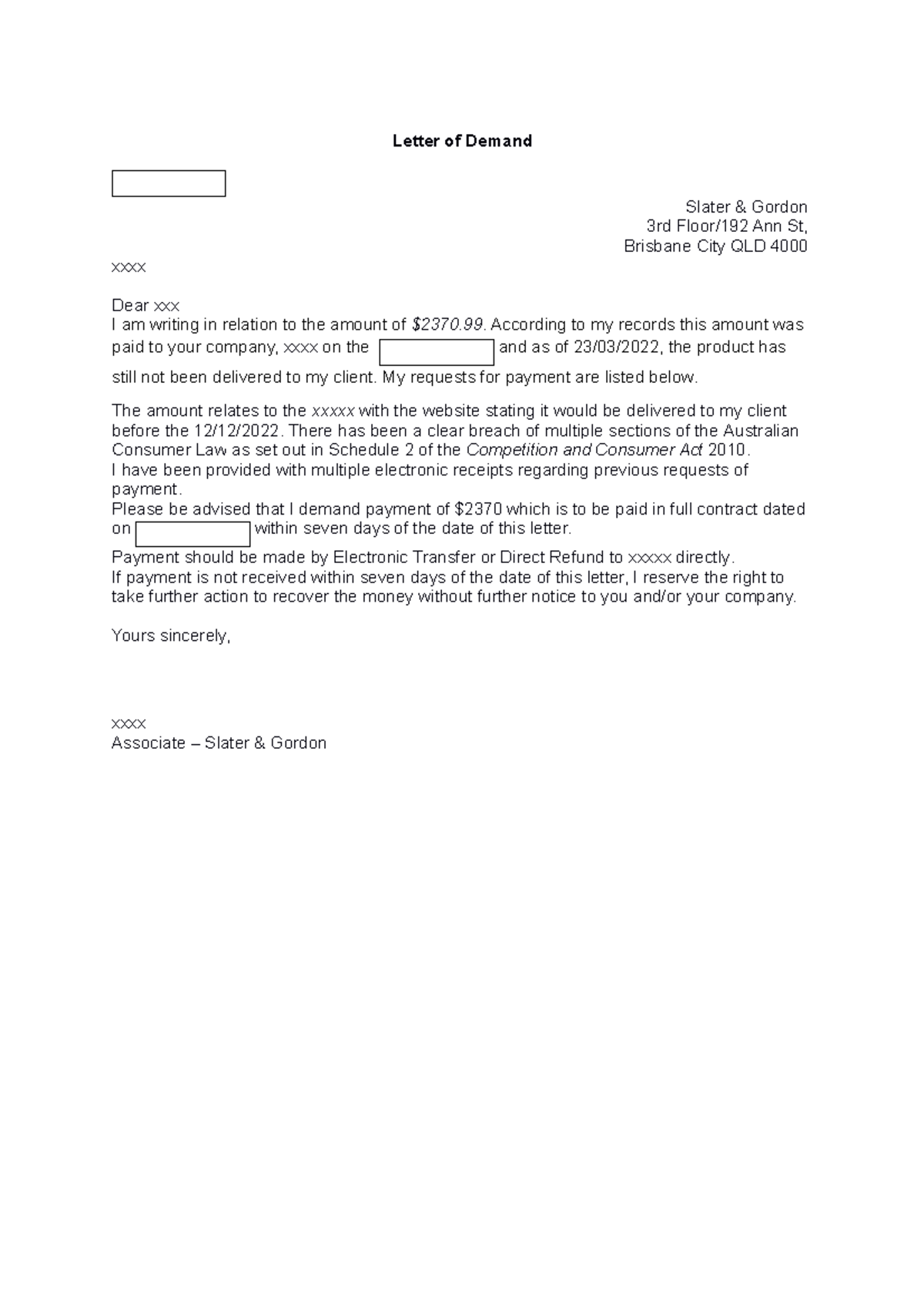 Letter of demand template - Letter of Demand Slater & Gordon 3rd Floor ...