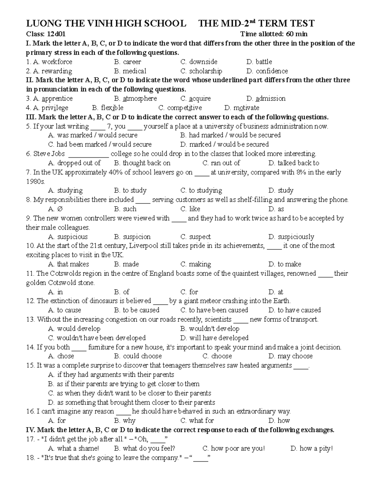 12MID-TERM TEST - Học kỳ II - LUONG THE VINH HIGH SCHOOL THE MID-2nd ...