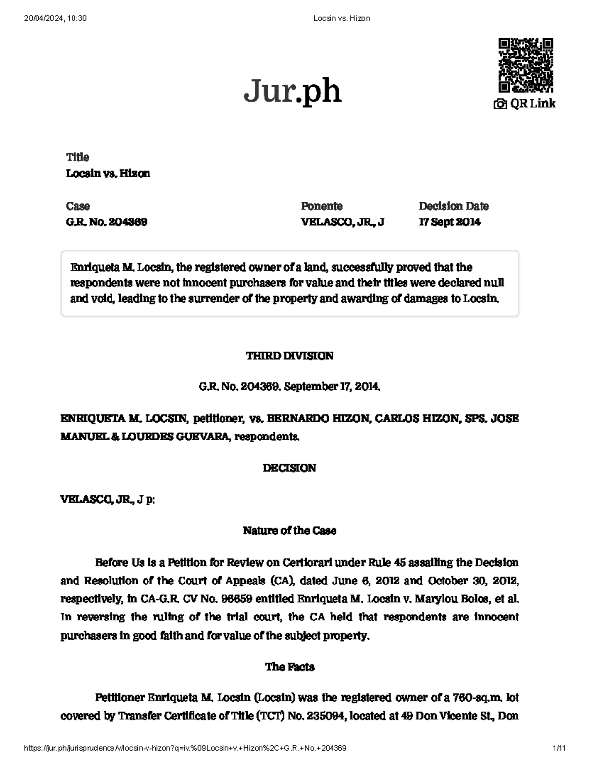 A-4 Locsin vs. Hizon - Title Locsin vs. Hizon Case G. No. 204369 ...