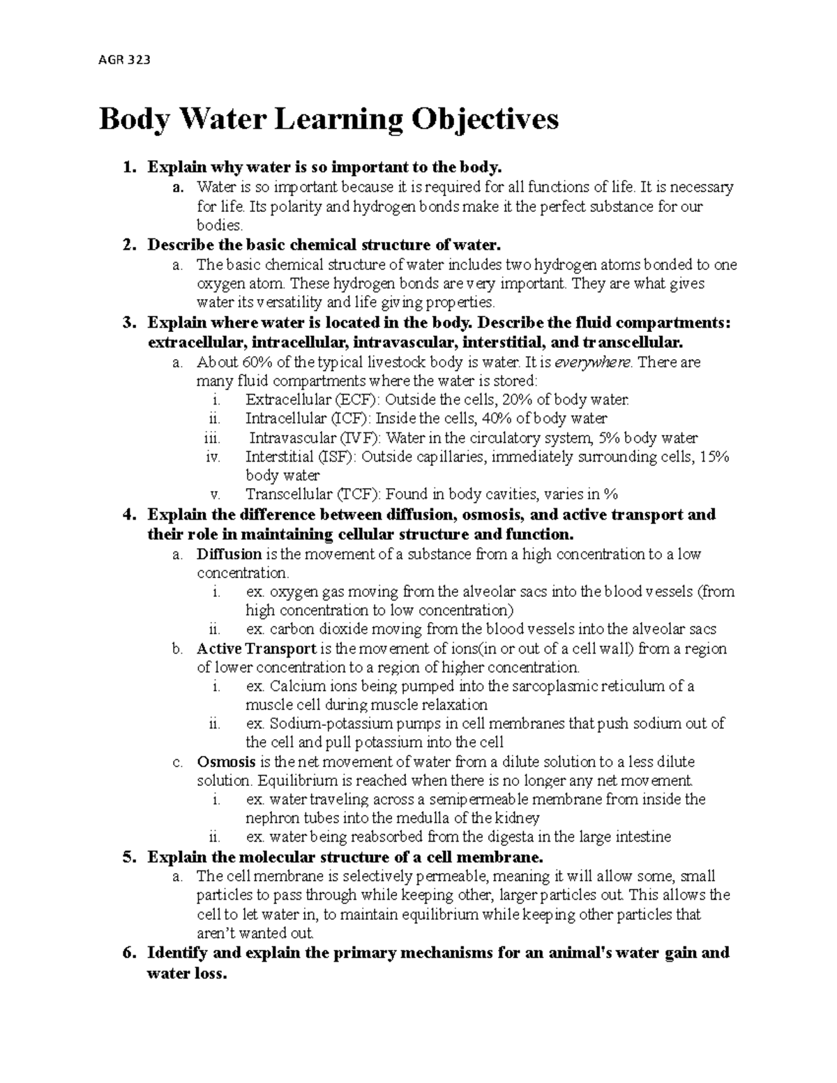 AGR 323, Unit 1, Body Water learning objectives AGR 323 Body Water