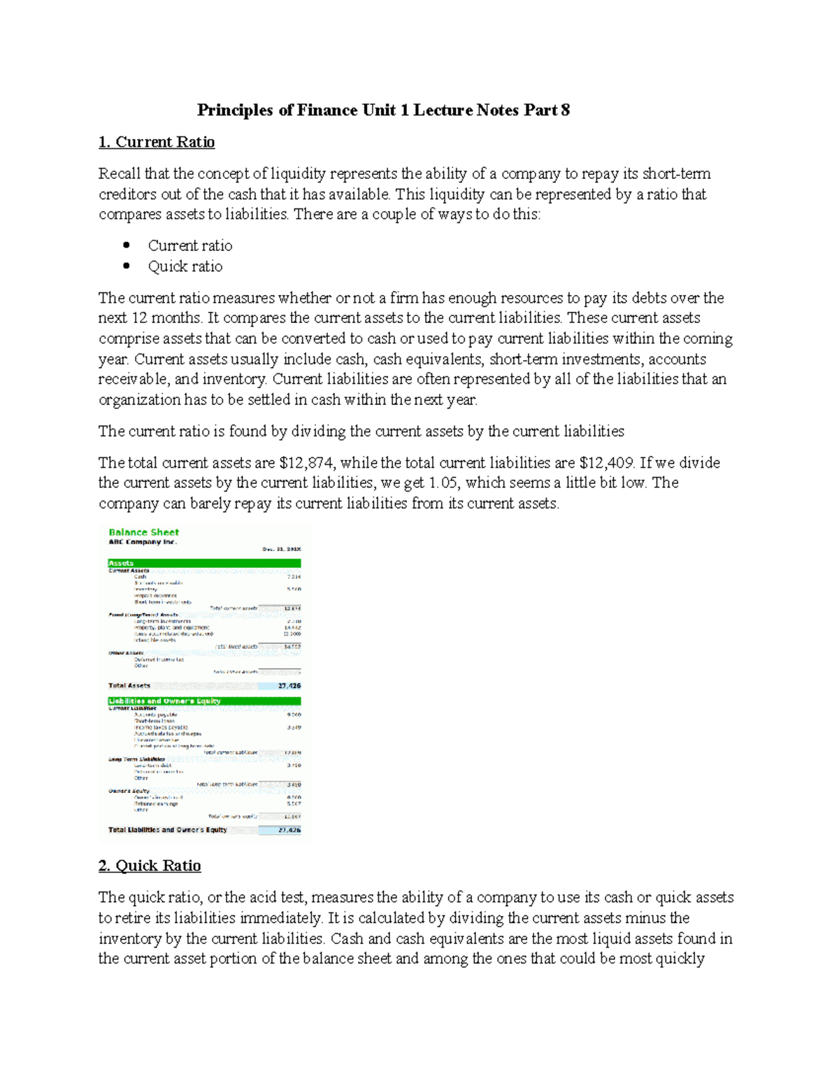 Principles of Finance Unit 1 Lecture Notes Part 8 - Current Ratio ...