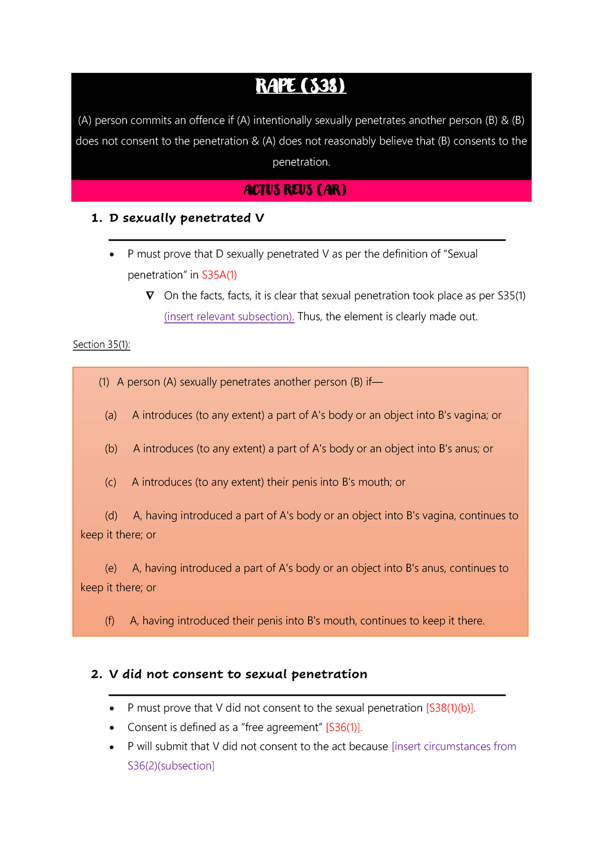 Sexual Offences Notes Law1114 - RAPE (S38) (A) Person Commits An ...