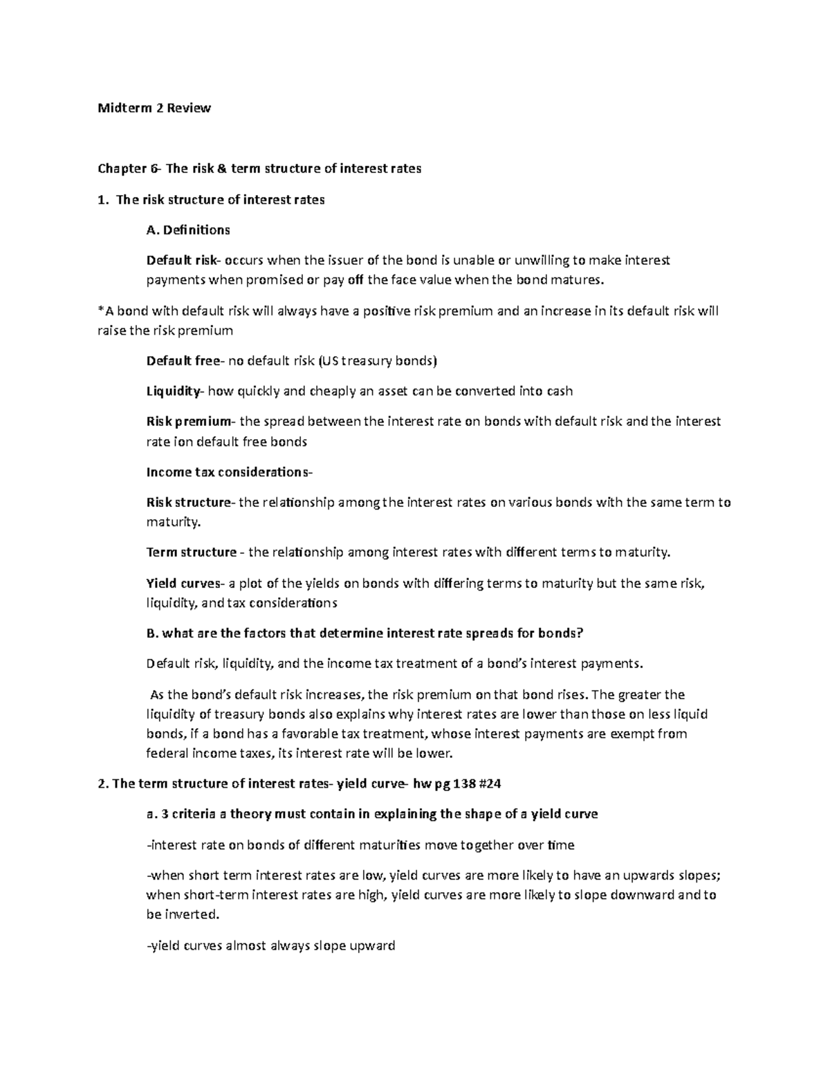 Midterm 2 Review Midterm 2 Review Chapter 6 The risk & term