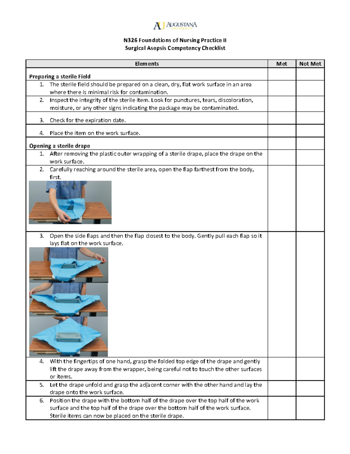 Surgical Asepsis Checklist N326 Foundations of Nursing Practice II