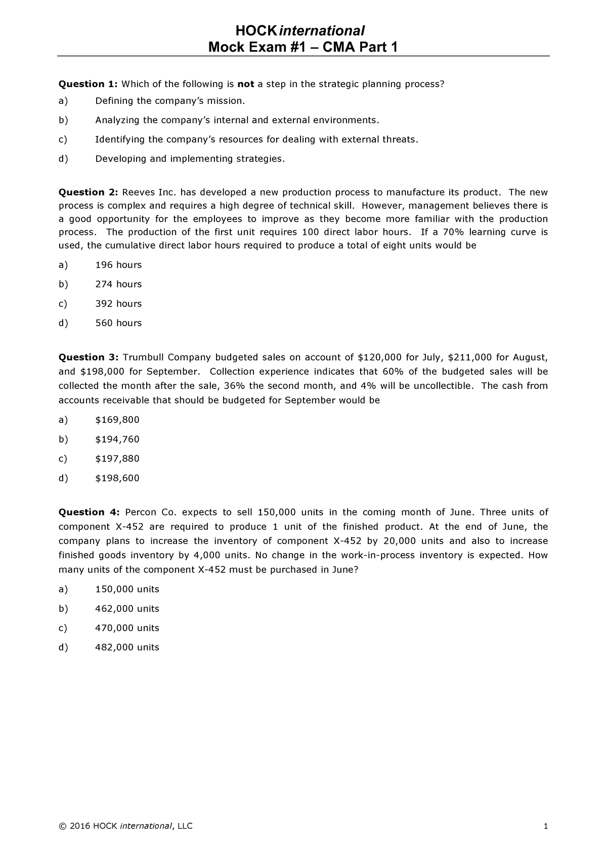 CMA P1 Mock Exam A4 - CMA P1 Mock Exam - Mock Exam #1 – CMA Part 1 ...