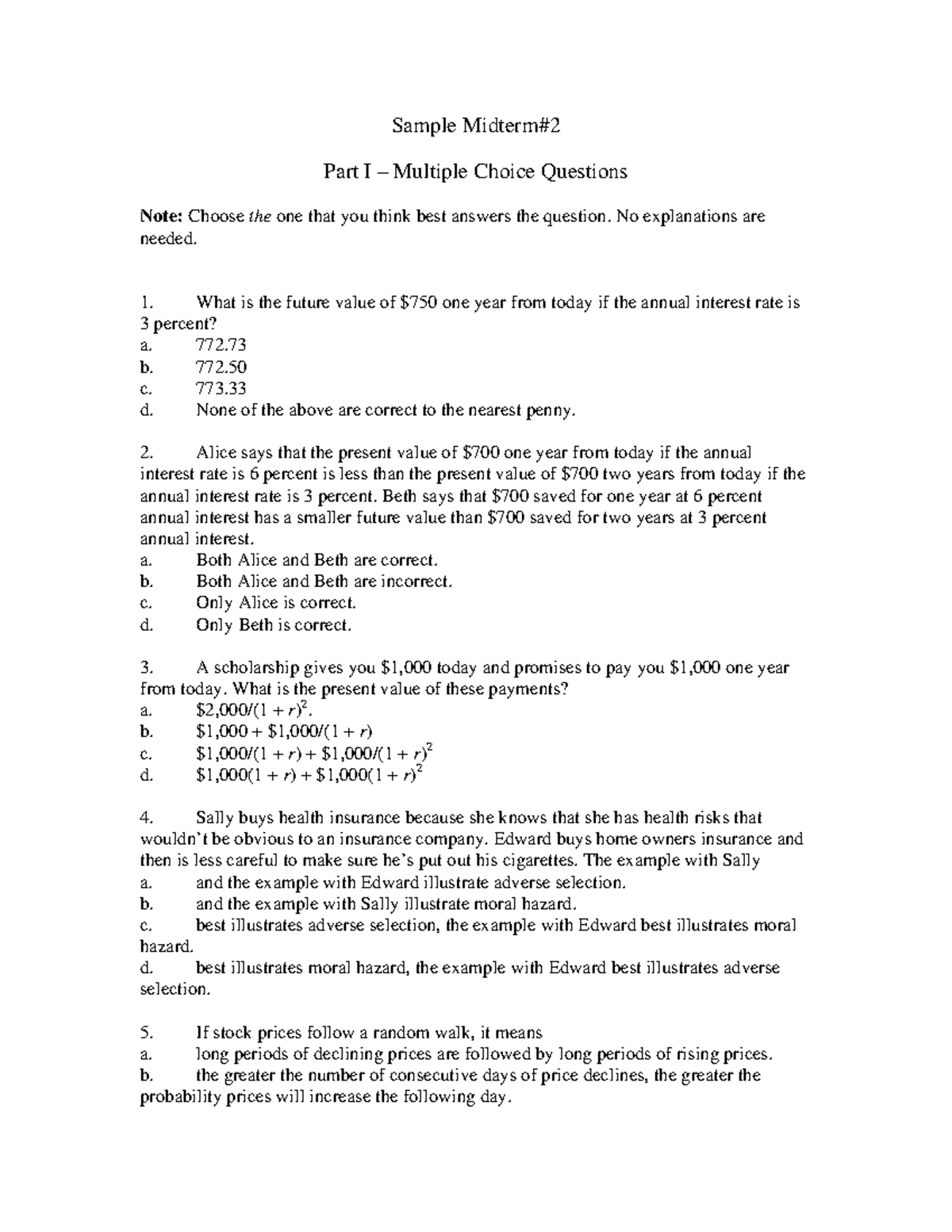 Samplemidterm 2 spr2008 - Sample Midterm# Part I – Multiple Choice ...