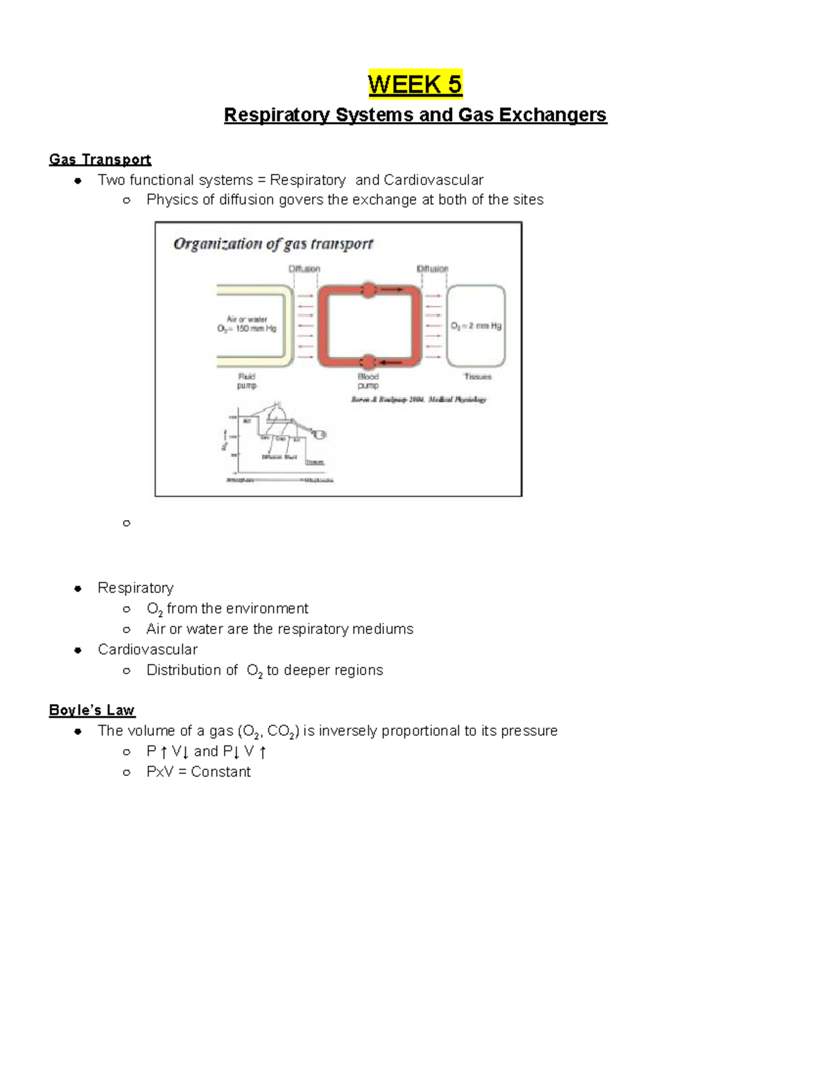 BIO 224 Exam 2 Notes - WEEK 5 Respiratory Systems and Gas Exchangers ...