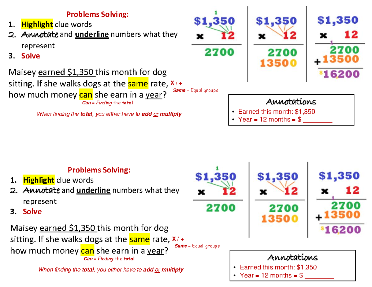 Problem Solving Strategies Multi Digit Multiplication Word Problem ...
