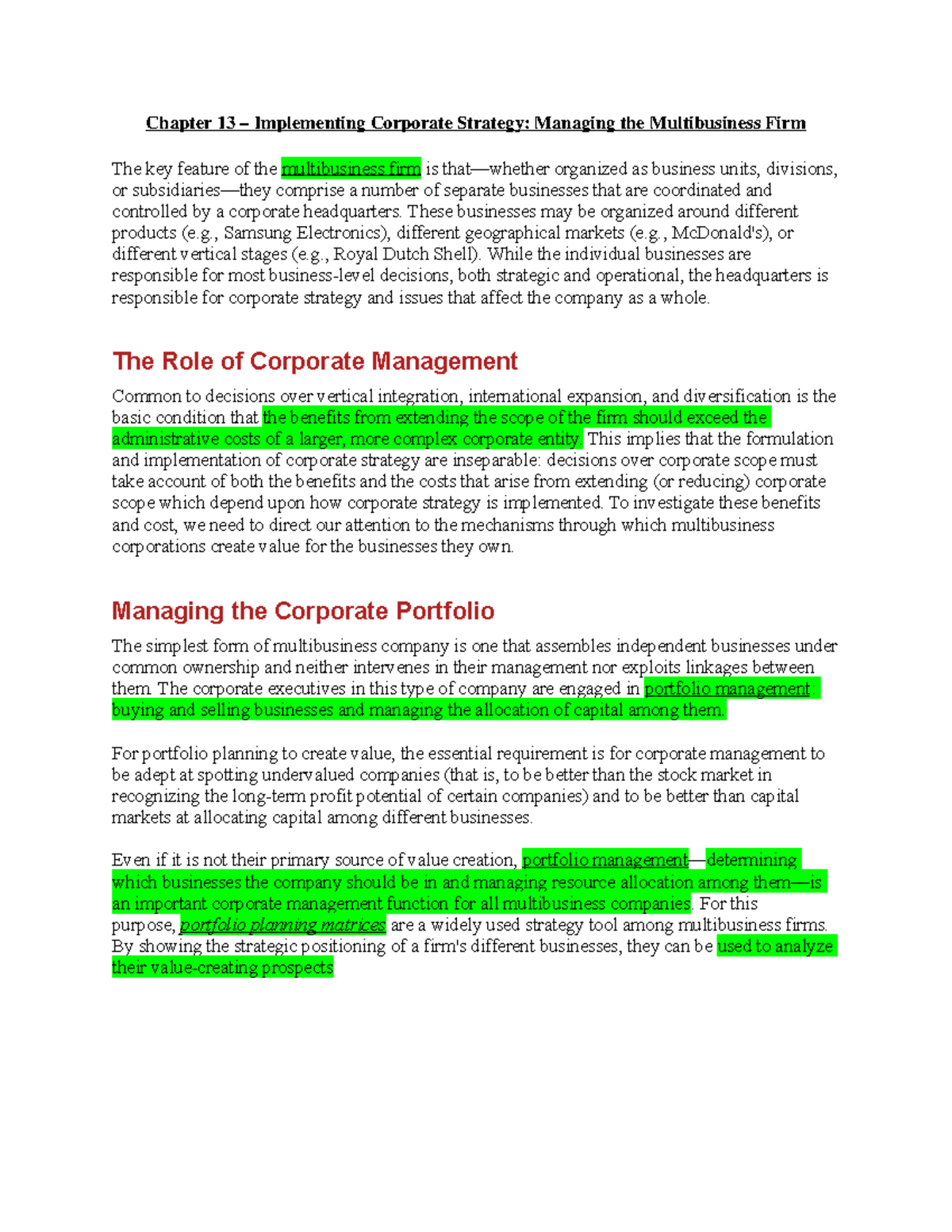 Chapter 13 - Chapter 13 – Implementing Corporate Strategy: Managing the ...