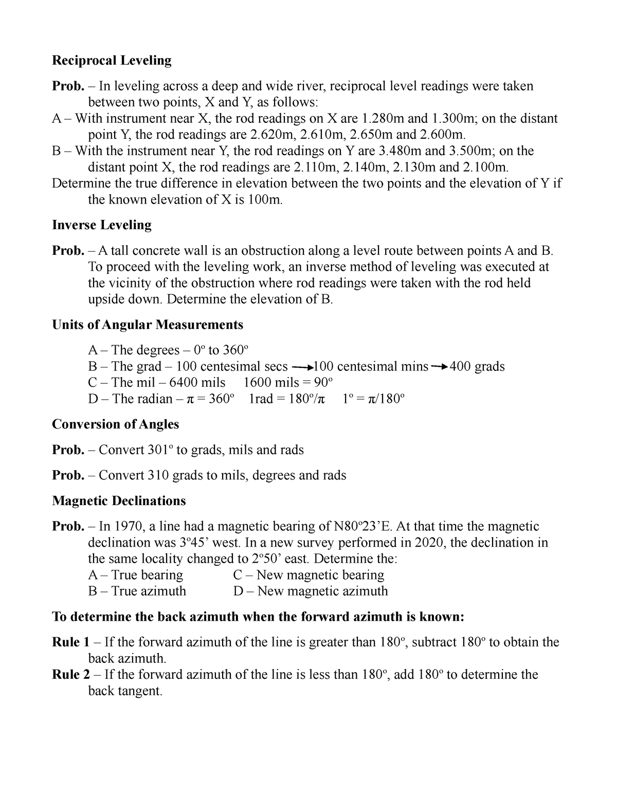 Reciprocal Leveling - Reciprocal Leveling Prob. – In leveling across a ...