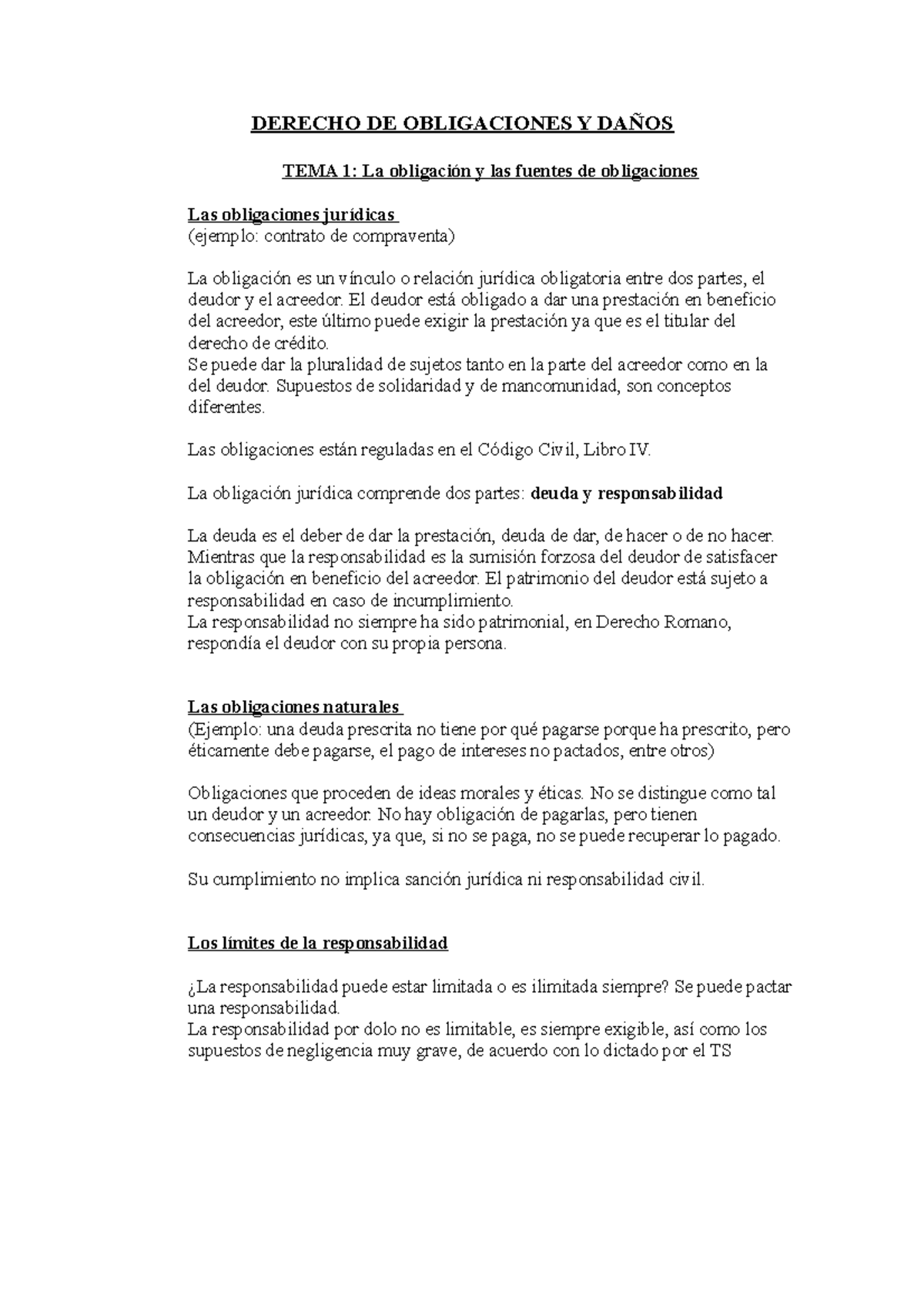 Apuntes clase obligaciones - DERECHO DE OBLIGACIONES Y DAÑOS TEMA 1: La ...