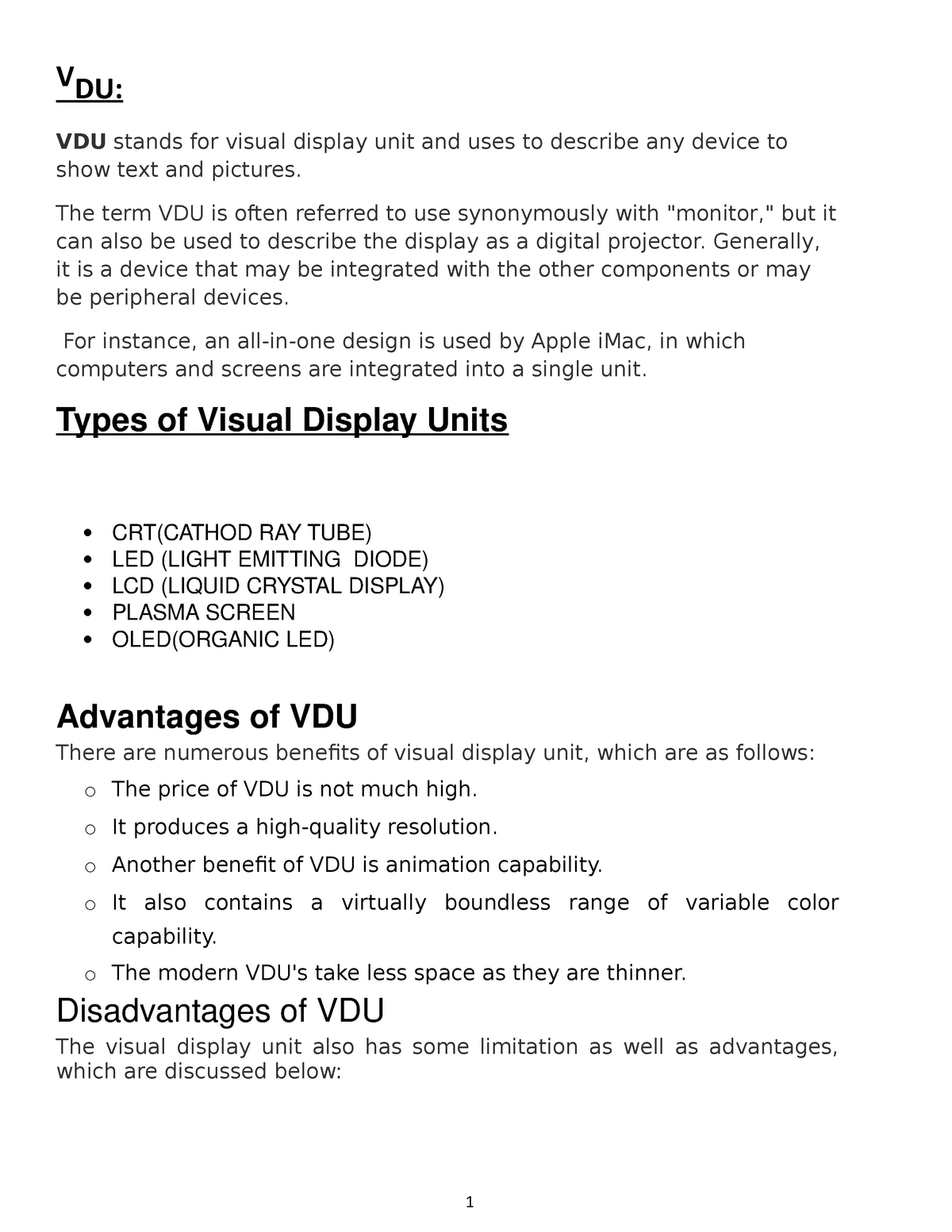 Visual Display Unit And Its Types V Du Vdu Stands For Visual Display